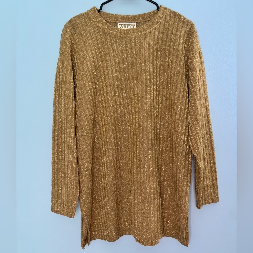 Vintage AREO Womens Gold Shimmer Top Size Medium Long Sleeve Made In USA